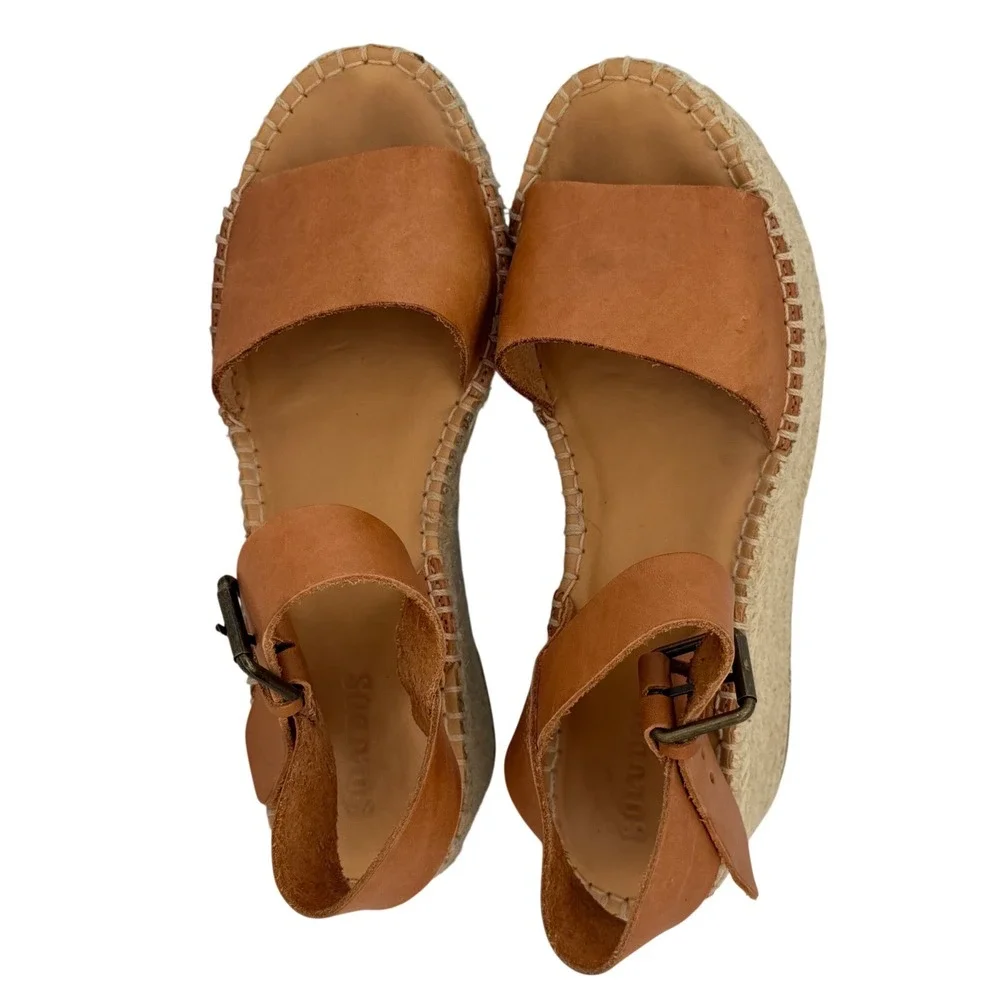 Soludos Minorca Platform Espadrille Sandals Tan Leather Boho Coastal Wedge 40